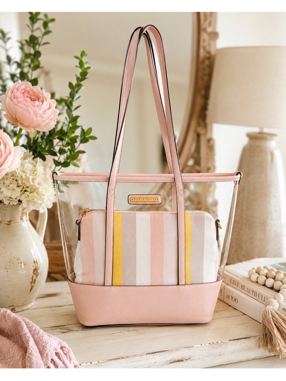 Poppy and Peonies Pink Tote Bag with Striped Pouch